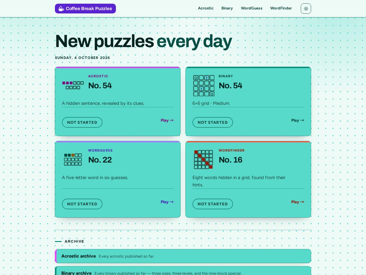 Landing-page snapshot of coffeebreakpuzzles.com