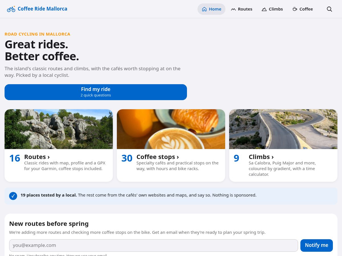 Landing-page snapshot of coffeeridemallorca.com