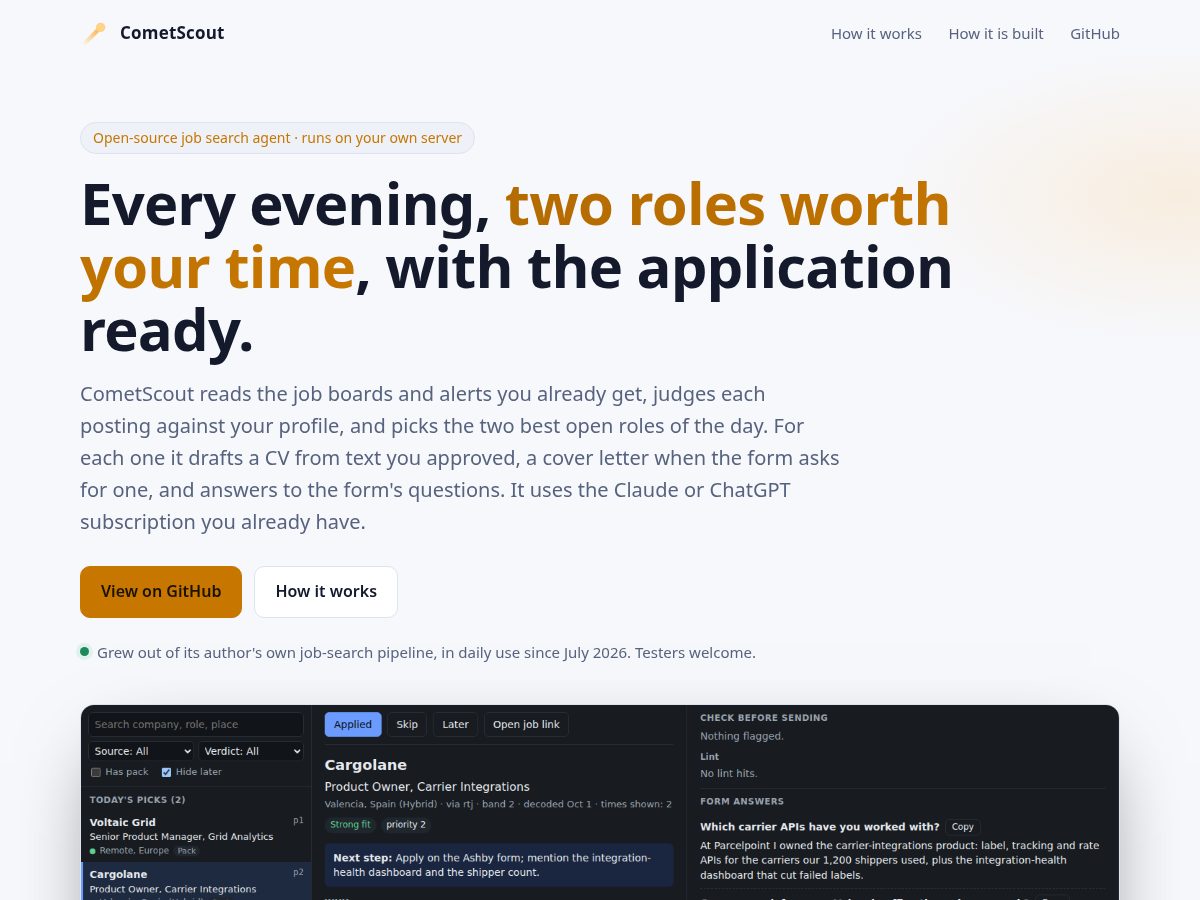 Landing-page snapshot of cometscout.com