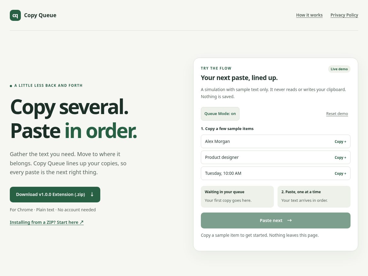 Landing-page snapshot of copyqueue.app