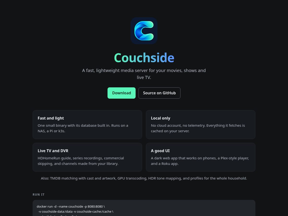 Landing-page snapshot of couchside.app