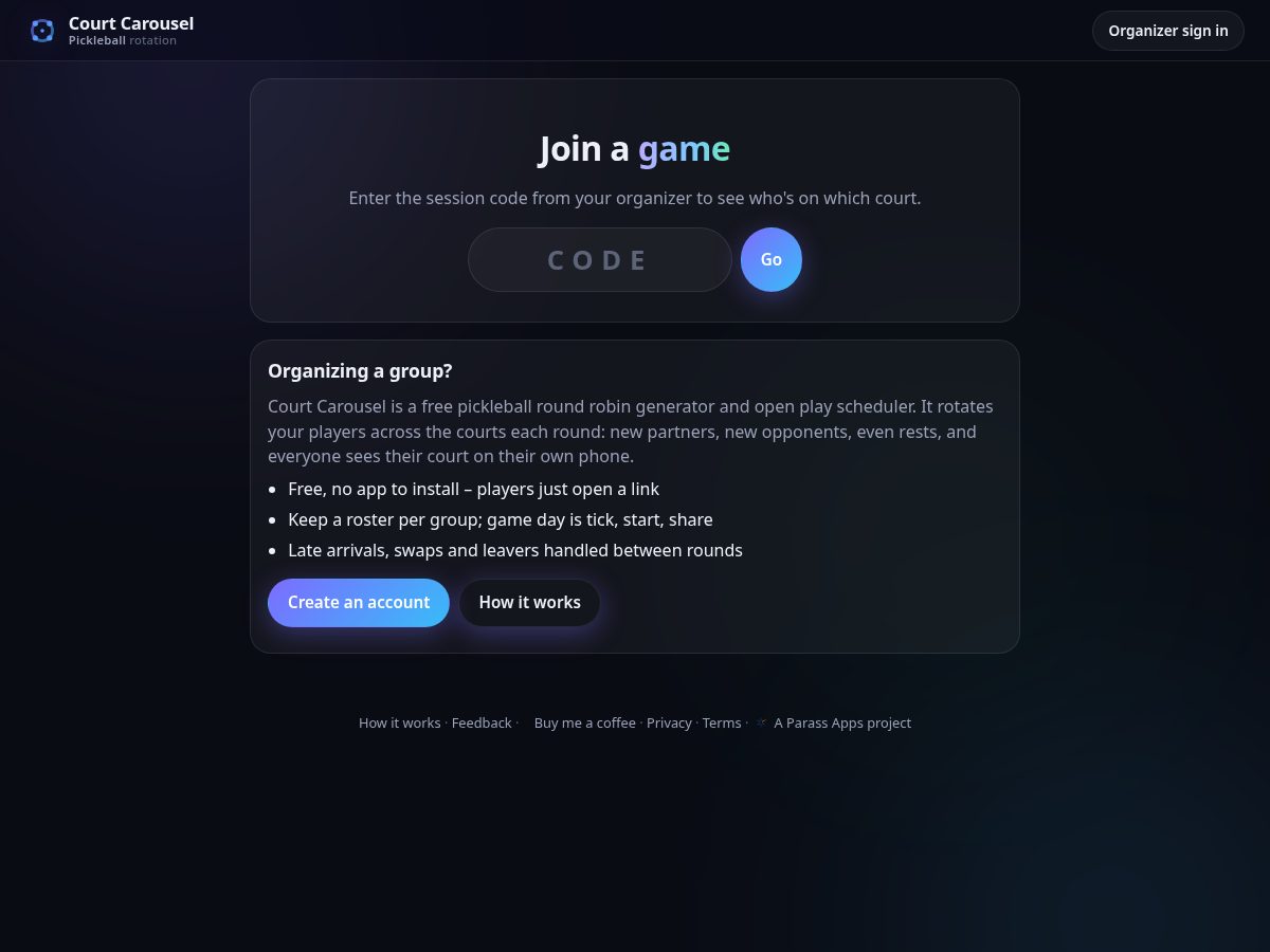 Landing-page snapshot of courtcarousel.app