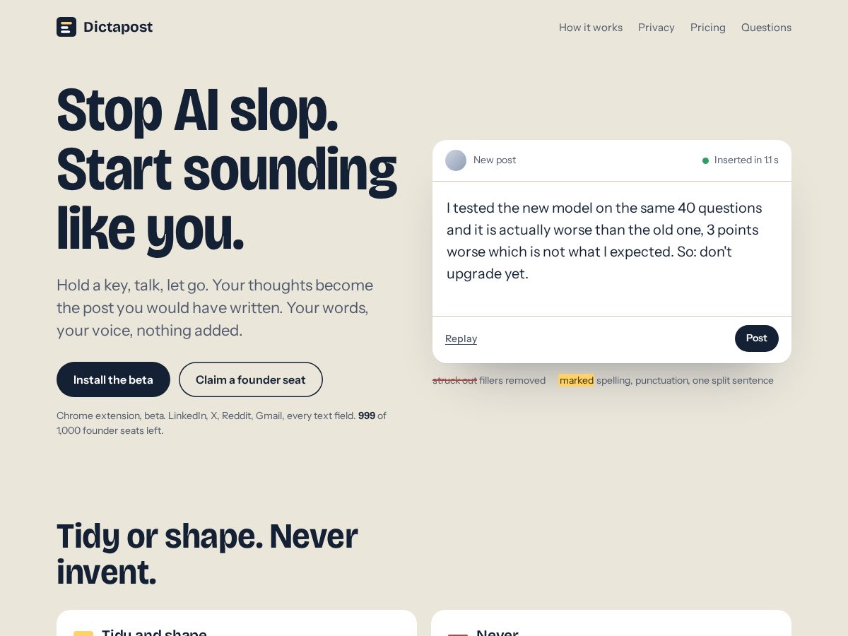 Landing-page snapshot of dictapost.app