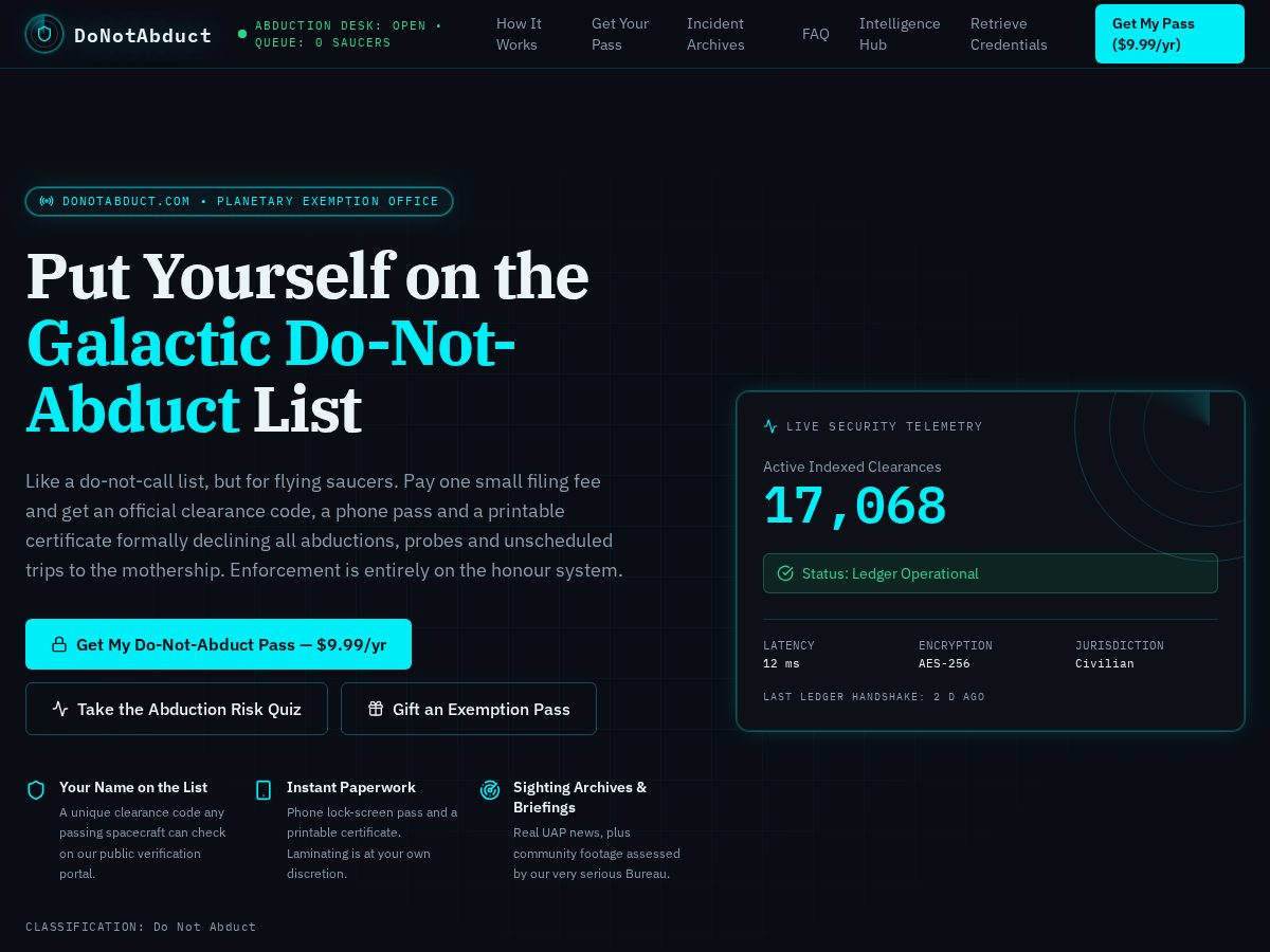 Landing-page snapshot of donotabduct.com