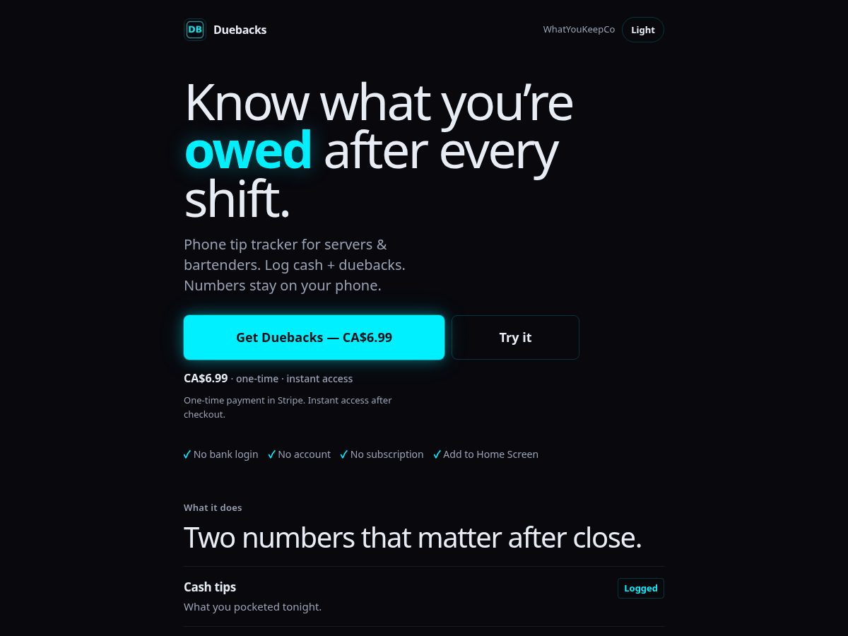 Landing-page snapshot of duebacks.app