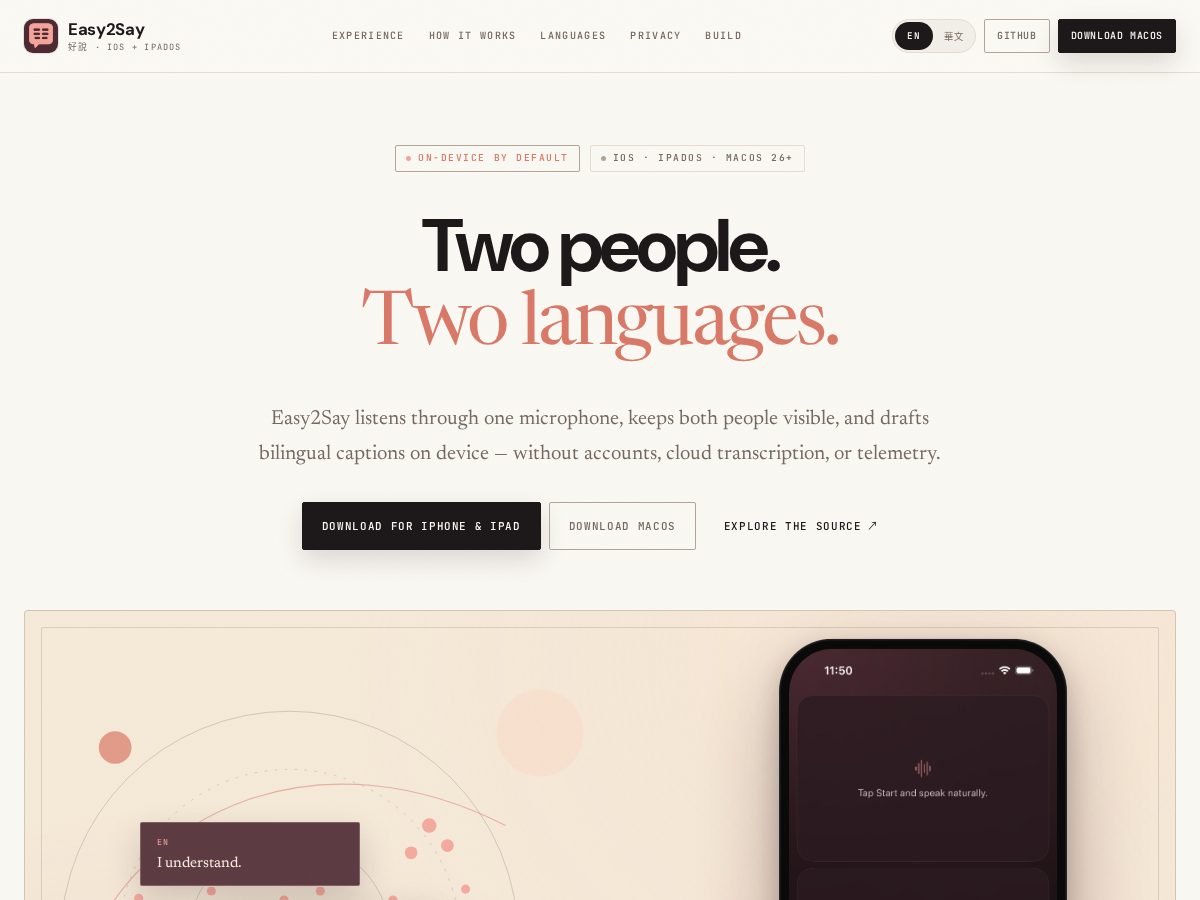 Landing-page snapshot of easy2say.app
