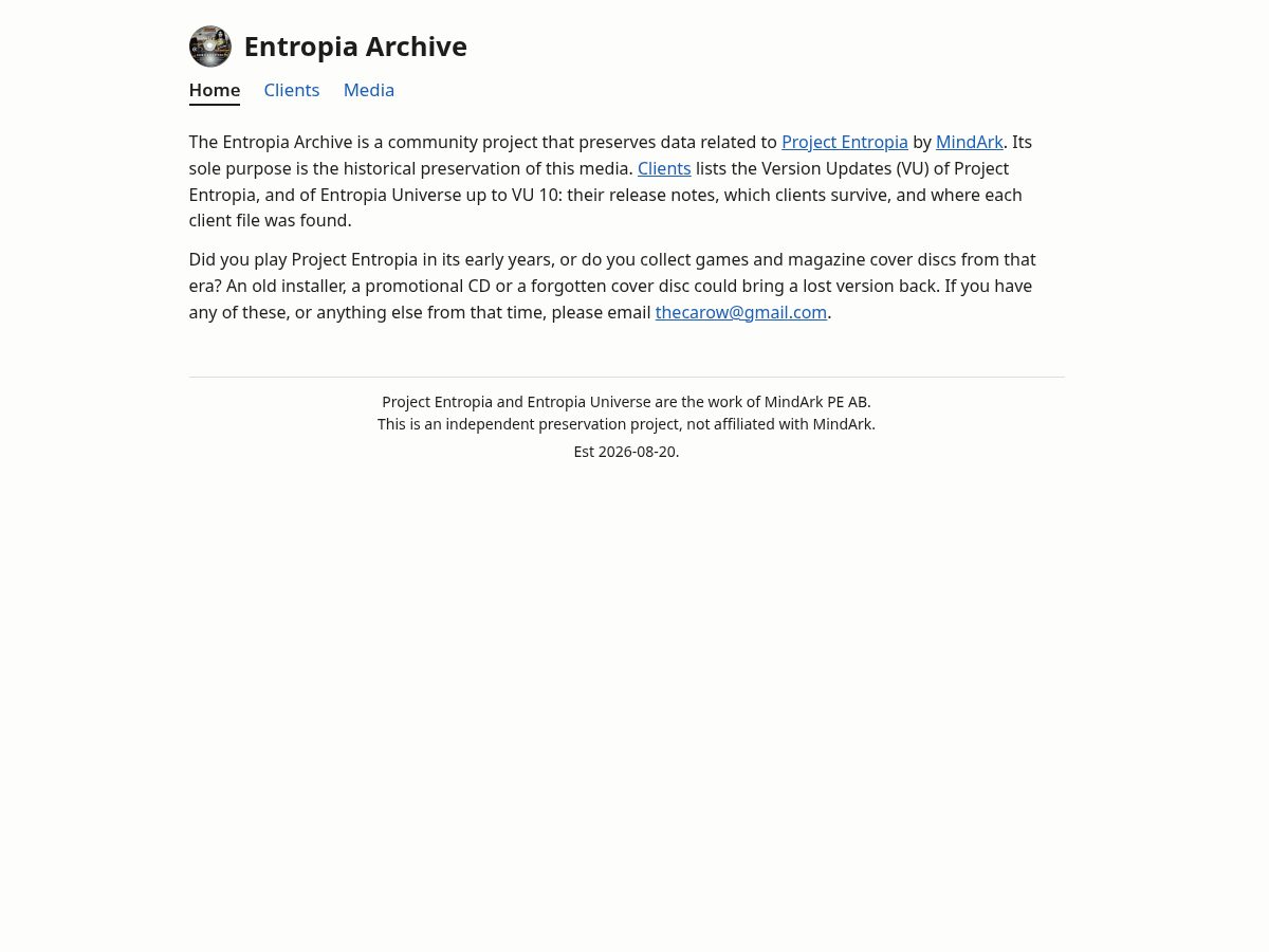 Landing-page snapshot of entropia-archive.com