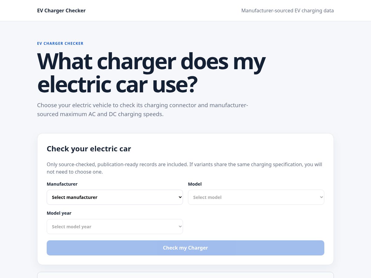 Landing-page snapshot of evchargerchecker.com