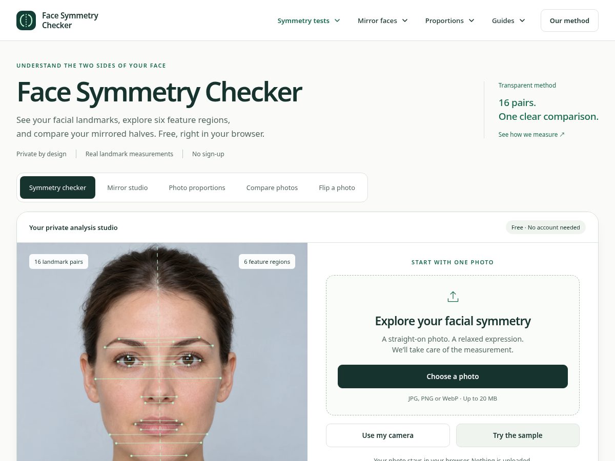 Landing-page snapshot of face-symmetry-checker.com