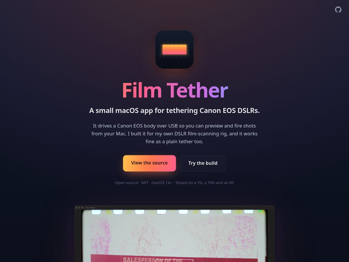 Landing-page snapshot of filmtether.app