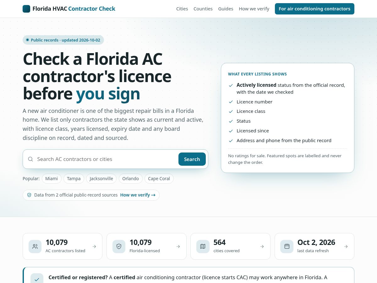 Landing-page snapshot of floridahvaccheck.com