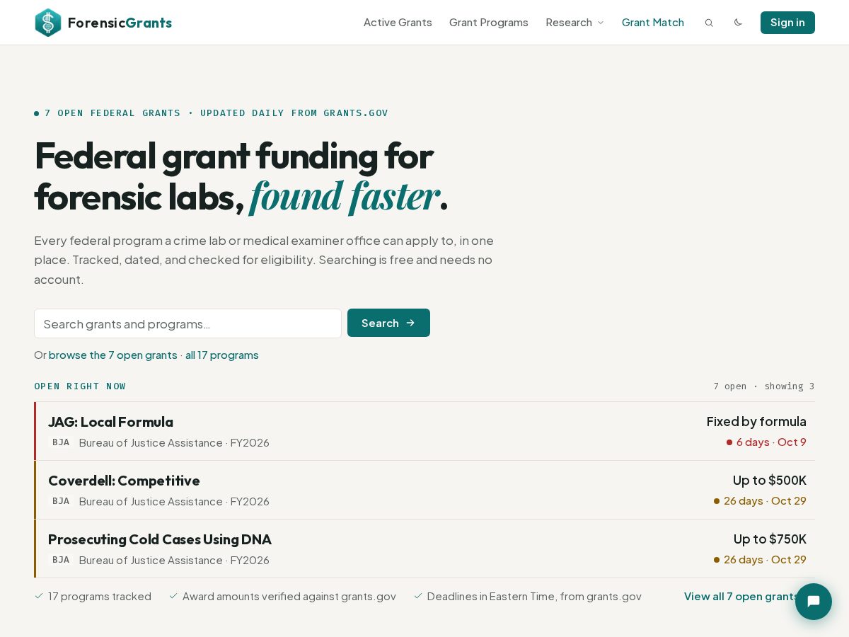 Landing-page snapshot of forensicgrants.com