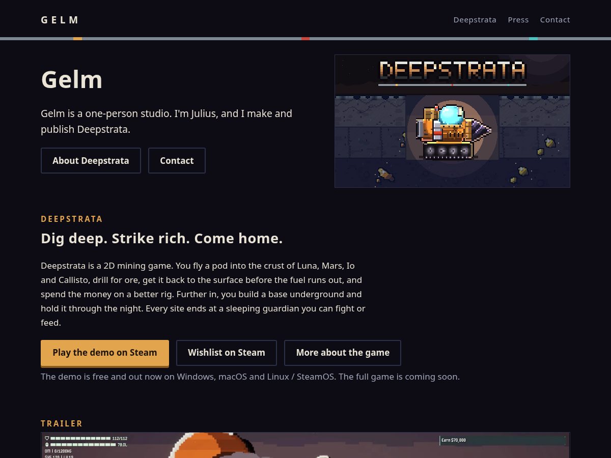 Landing-page snapshot of gelm.games