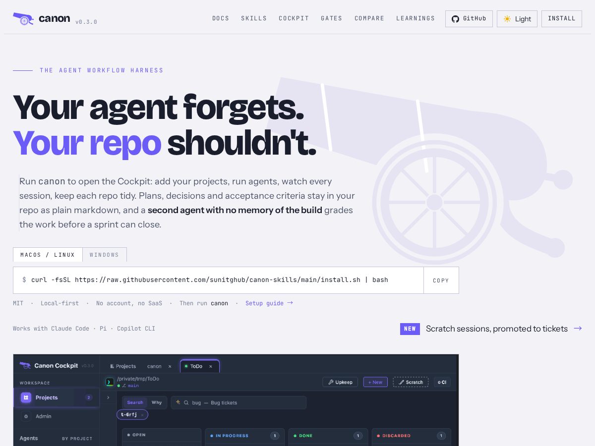 Landing-page snapshot of getcanon.dev