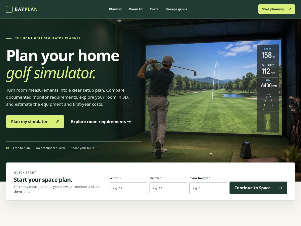 Landing-page snapshot of golfsimulatorplanner.com
