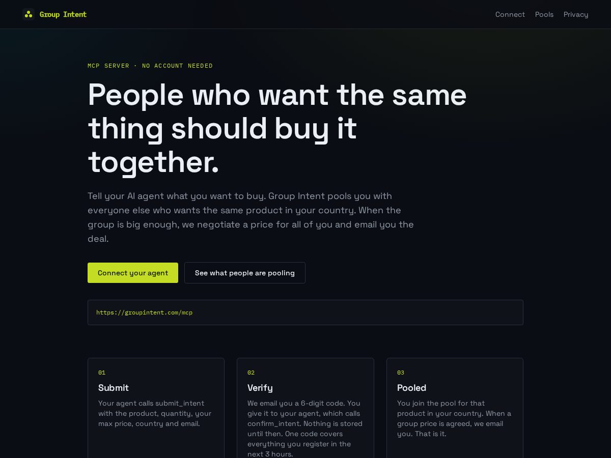 Landing-page snapshot of groupintent.com