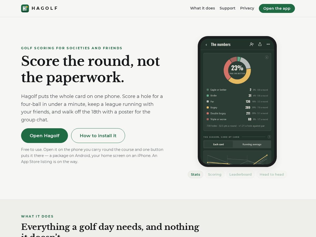 Landing-page snapshot of hagolf.app