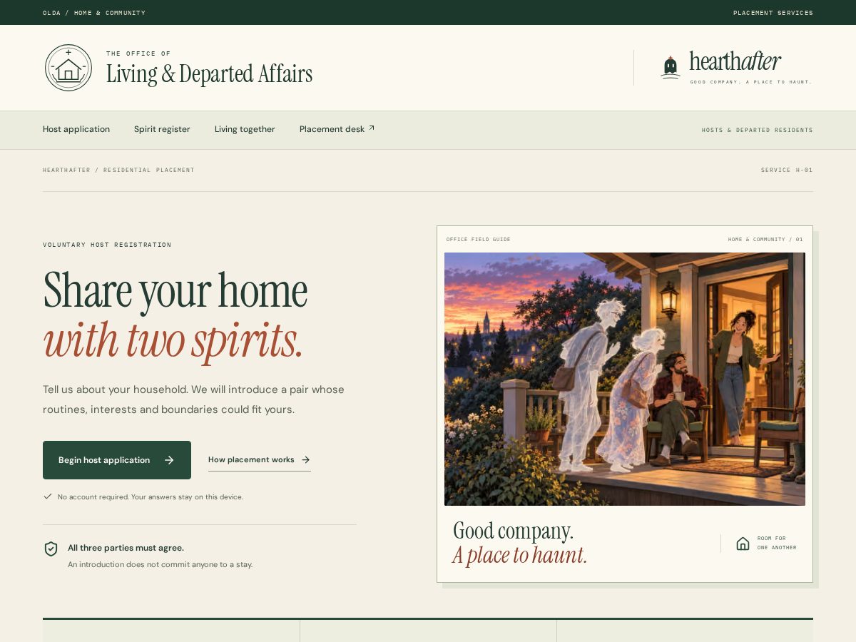 Landing-page snapshot of hearthafter.homes