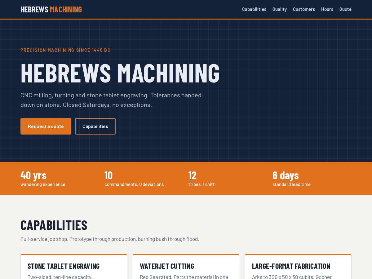 Landing-page snapshot of hebrewsmachining.com