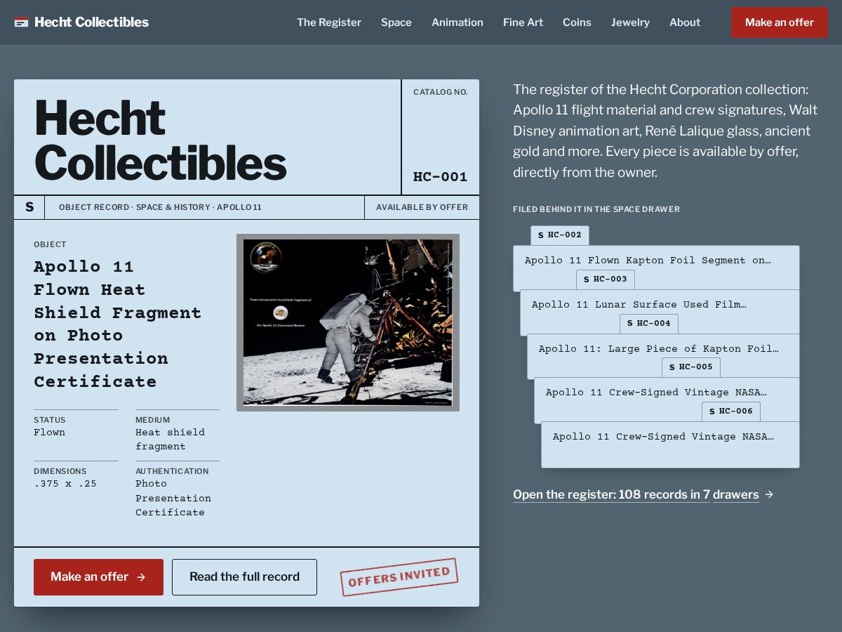 Landing-page snapshot of hechtcollectibles.com