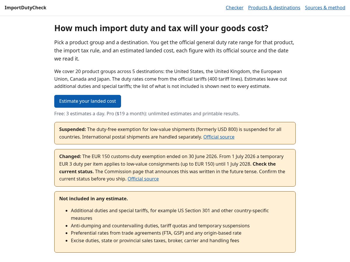 Landing-page snapshot of importdutycheck.com