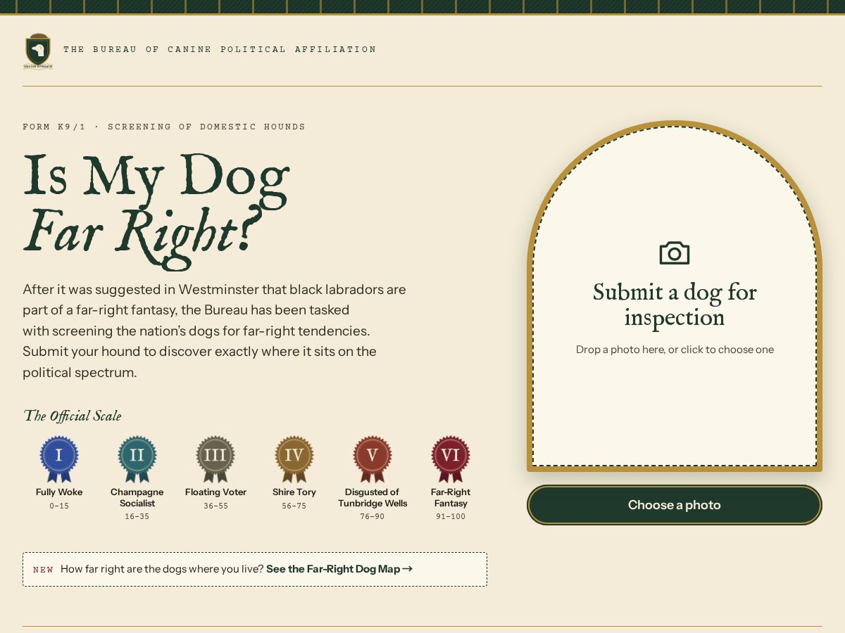 Landing-page snapshot of ismydogfarright.com