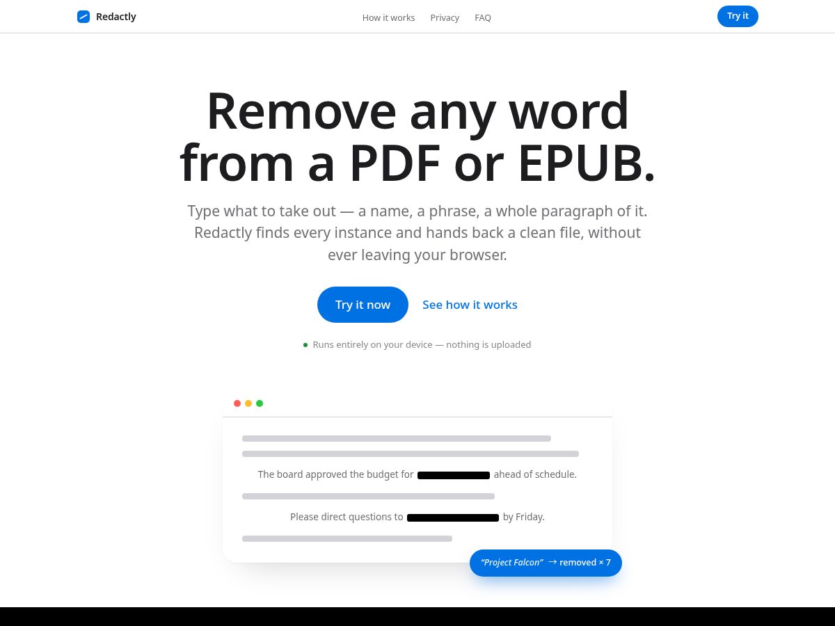 Landing-page snapshot of itsredactly.com