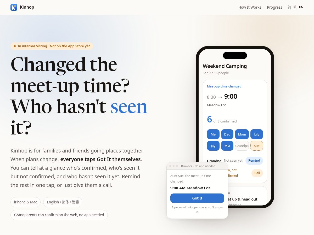 Landing-page snapshot of kinhop.app
