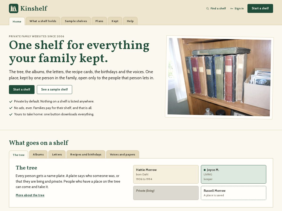 Landing-page snapshot of kinshelf.family