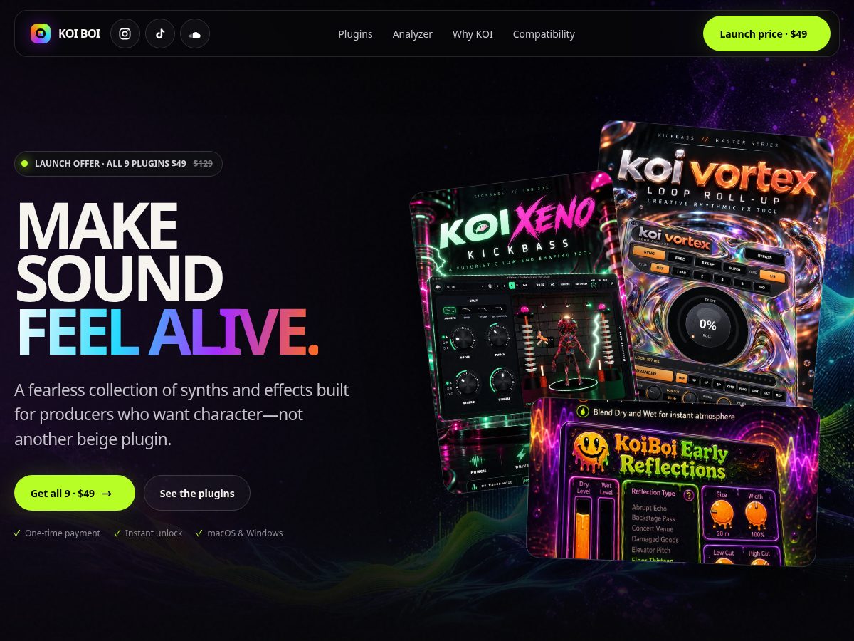 Landing-page snapshot of koiboiplugins.com