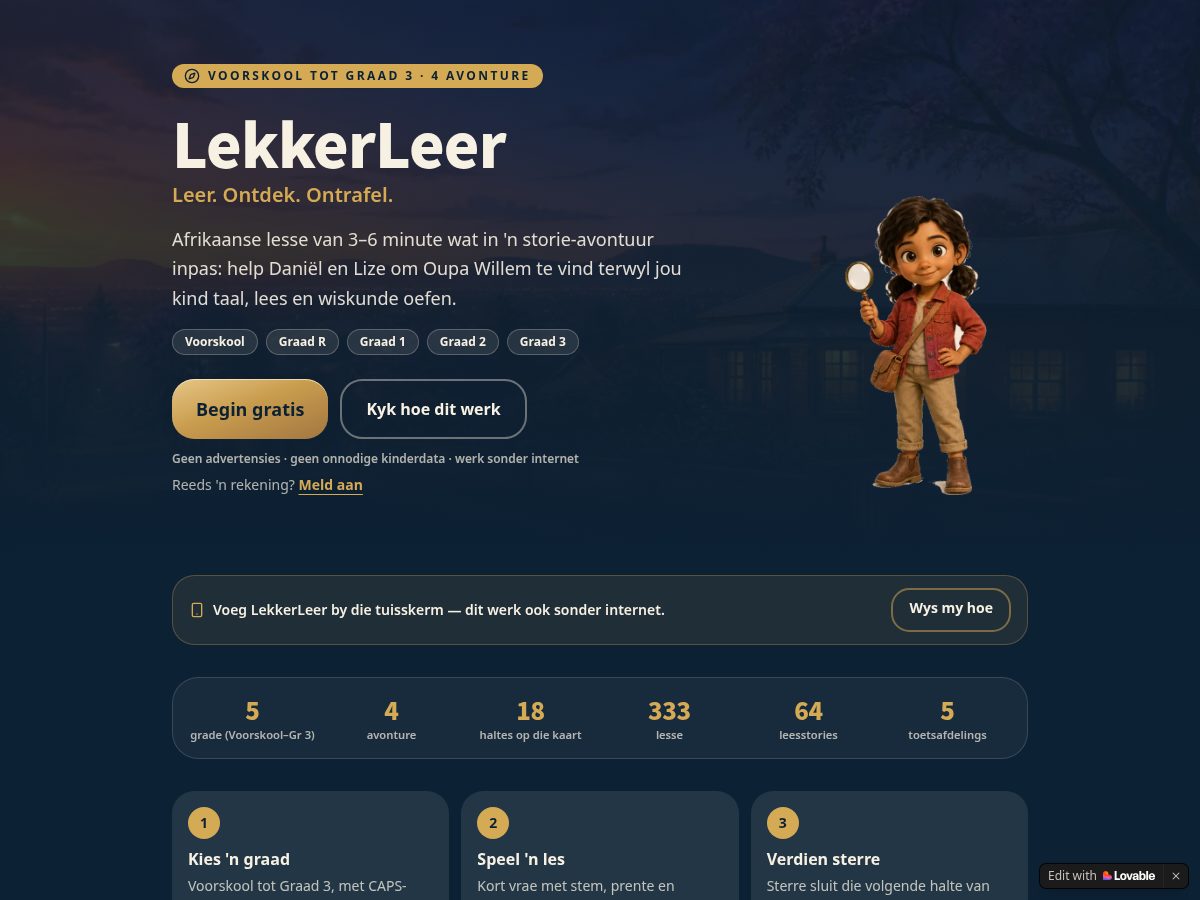 Landing-page snapshot of lekkerleer.app