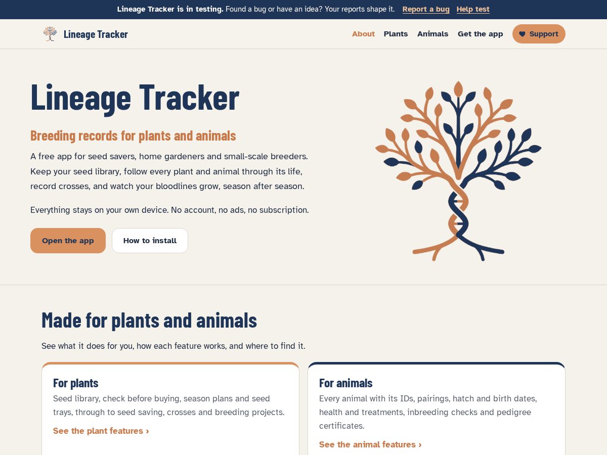 Landing-page snapshot of lineagetracker.org