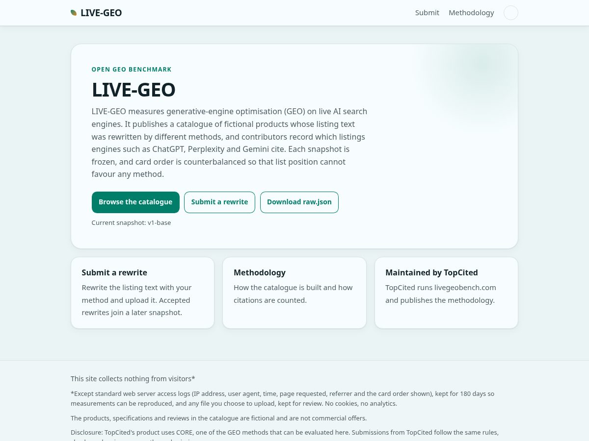 Landing-page snapshot of livegeobench.com