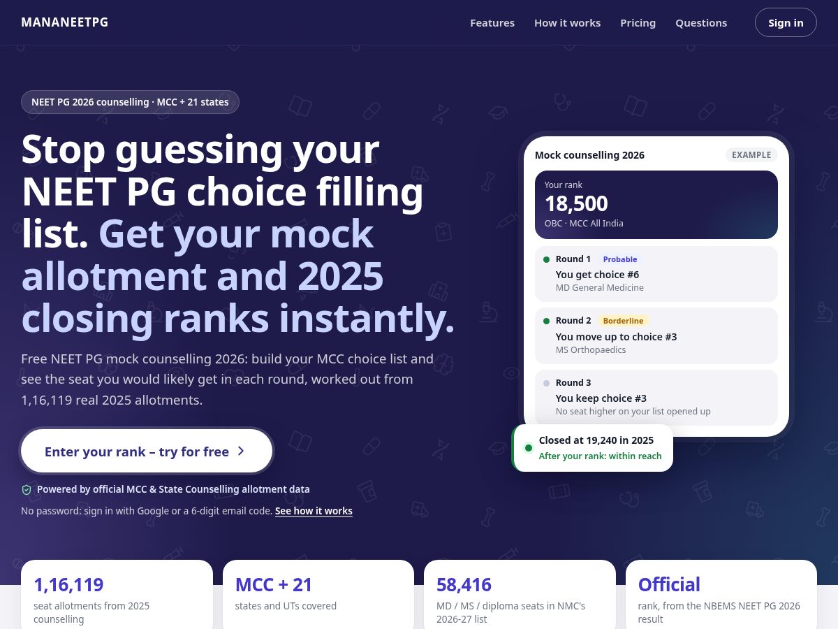 Landing-page snapshot of mananeetpg.com