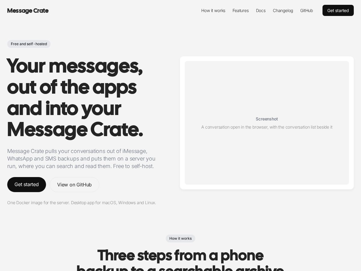 Landing-page snapshot of messagecrate.app