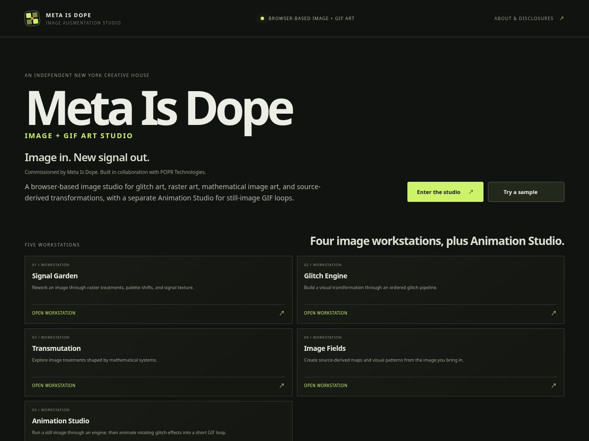 Landing-page snapshot of metaisdopestudio.com