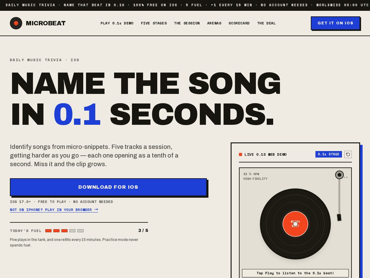 Landing-page snapshot of microbeat.app