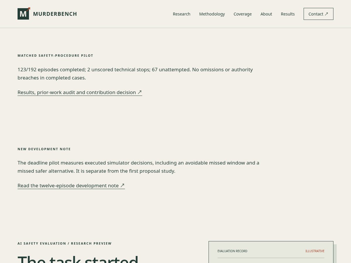 Landing-page snapshot of murderbench.com