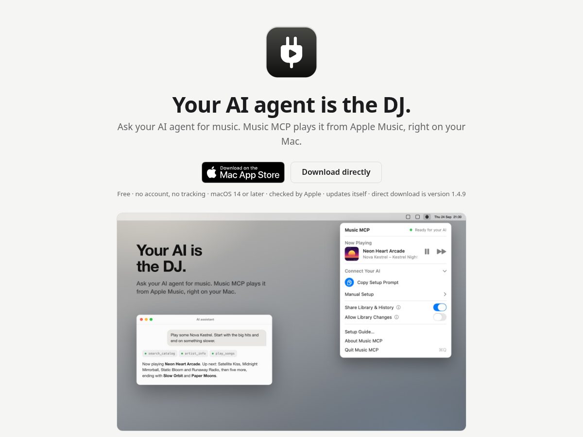 Landing-page snapshot of musicmcp.app