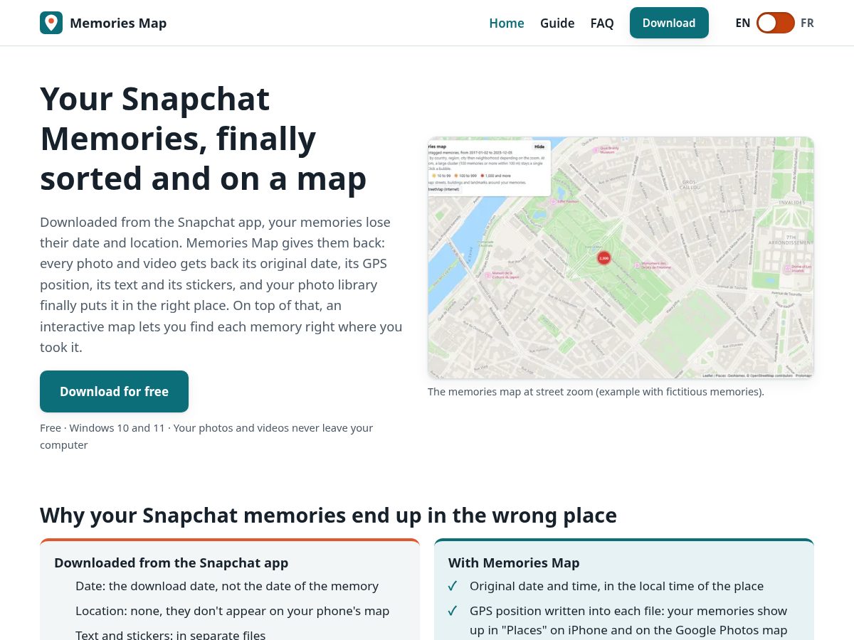 Landing-page snapshot of mymemoriesmap.com