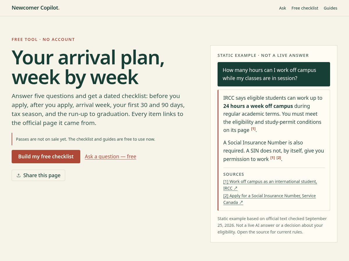 Landing-page snapshot of newcomercopilot.com