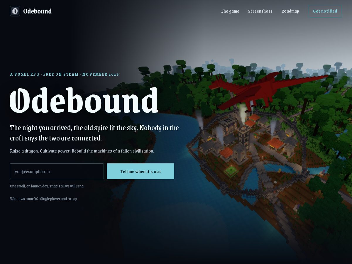 Landing-page snapshot of odeboundgame.com