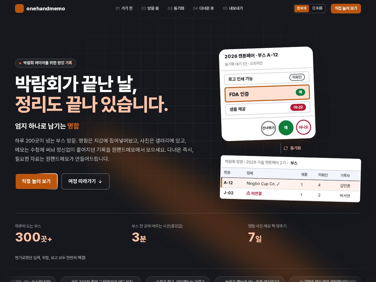 Landing-page snapshot of onehandmemo.com