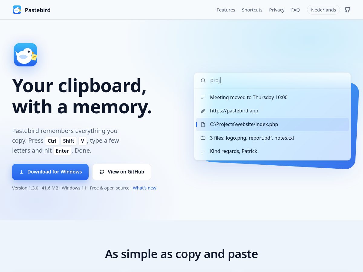 Landing-page snapshot of pastebird.app