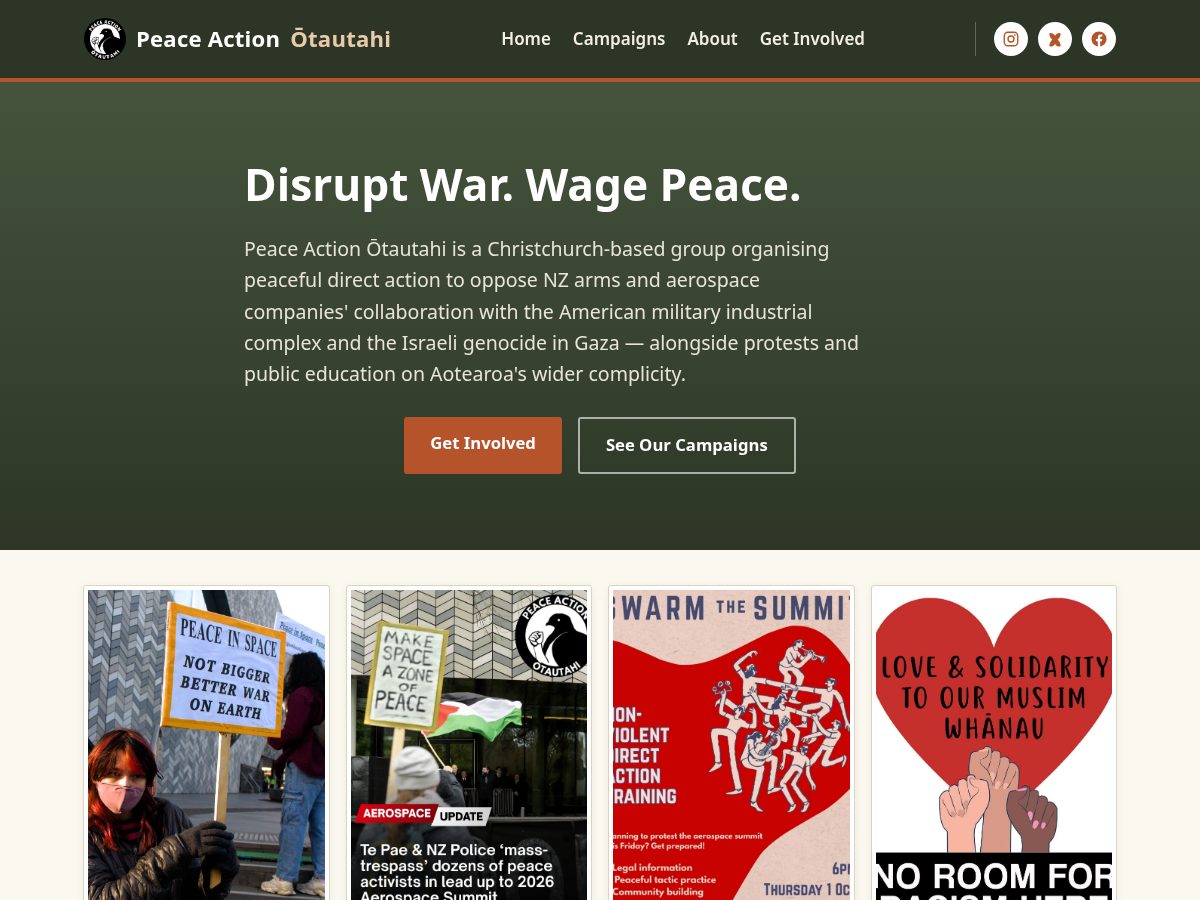 Landing-page snapshot of peaceactionotautahi.org