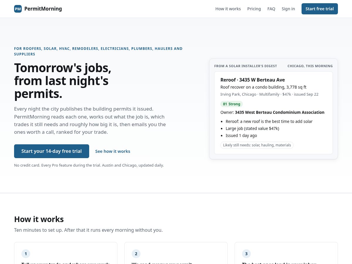Landing-page snapshot of permitmorning.com