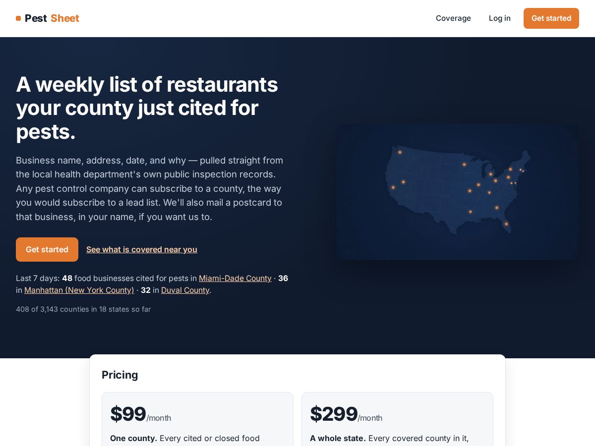 Landing-page snapshot of pestsheet.com