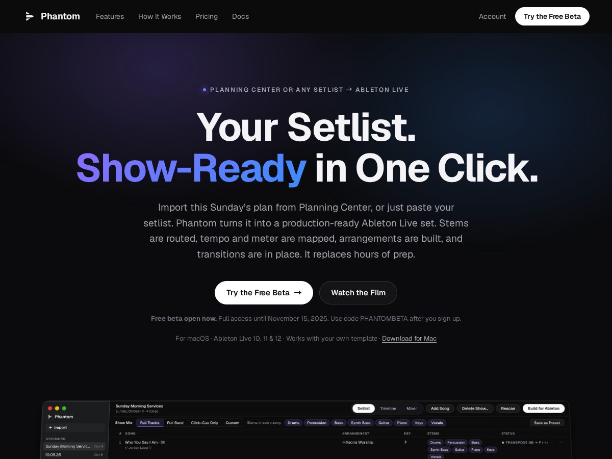 Landing-page snapshot of phantomlive.app