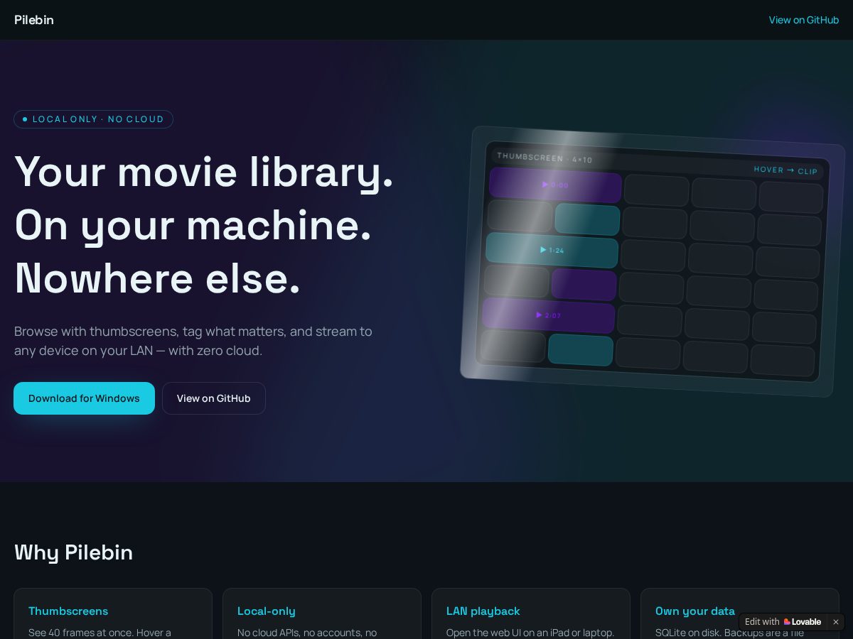 Landing-page snapshot of pilebin.app