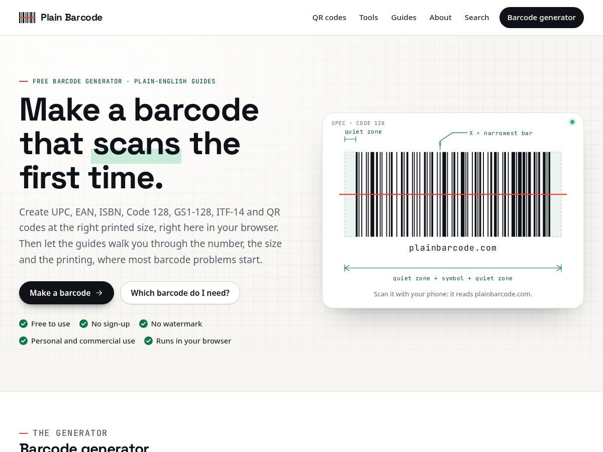 Landing-page snapshot of plainbarcode.com